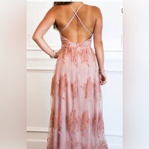 Boutique Plunging Maxi Dress Tulle Velvet Floral Blush Size S Prom Party Date